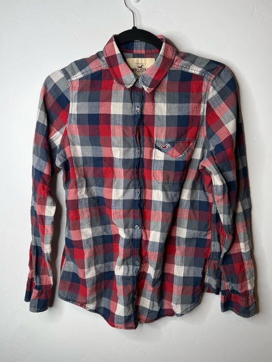 Hollister Y2K Plaid Button Down Shirt Red Blue Cotton Womens Large Casual - Picture 2 of 6